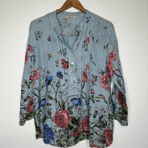 Valentina‎ Naldi Linen Pintuck Popover Top Sz M Blue Floral Boho Peasant